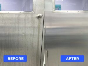 Image of the freezer surface before and after cleaning with Sahara plus