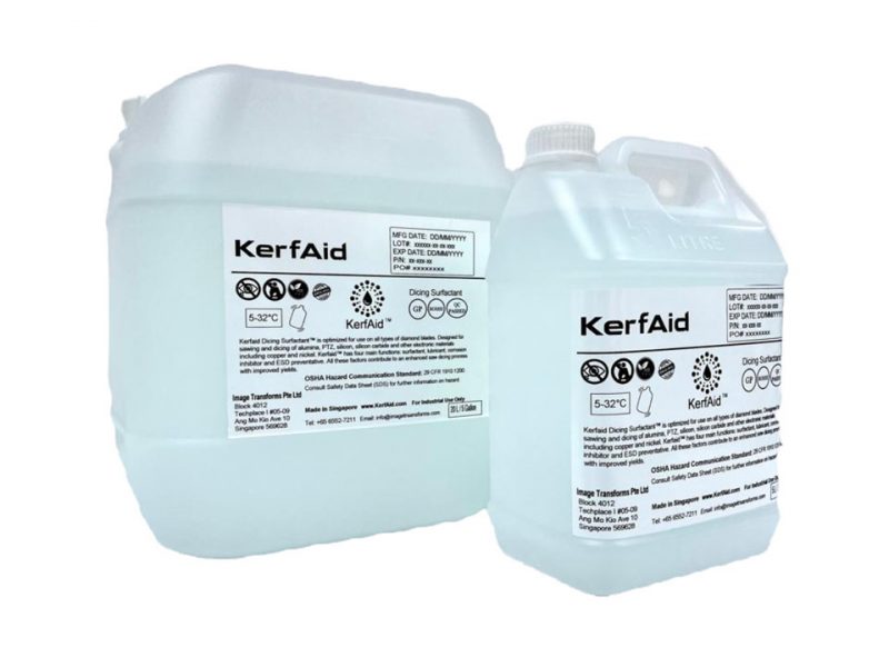 Image of two different packaging options of KerfAid™ Dicing Fluid from Millice – a wafer-safe additive to DI water during the wafer-dicing process.